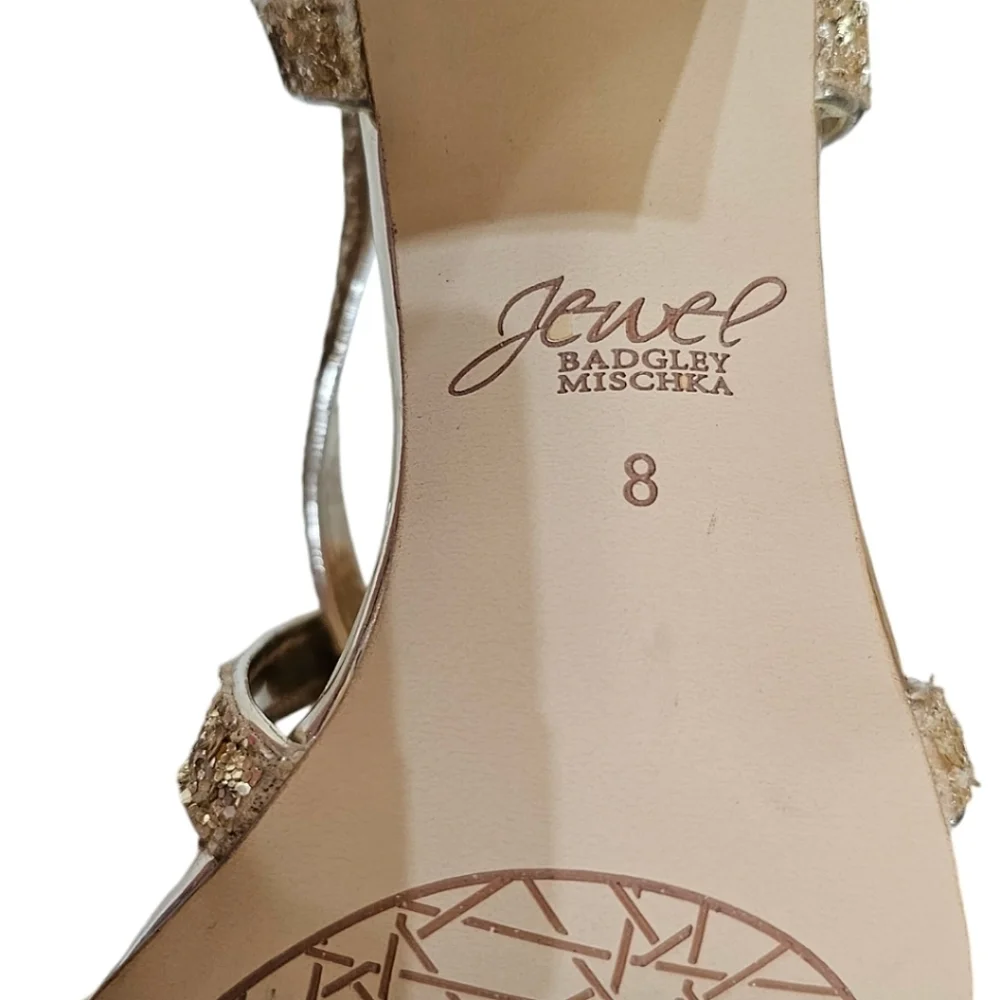 Badgley Mischka Jewel Heels Sz 8 Gold Glitter Sparkle New Years Cocktail Strappy